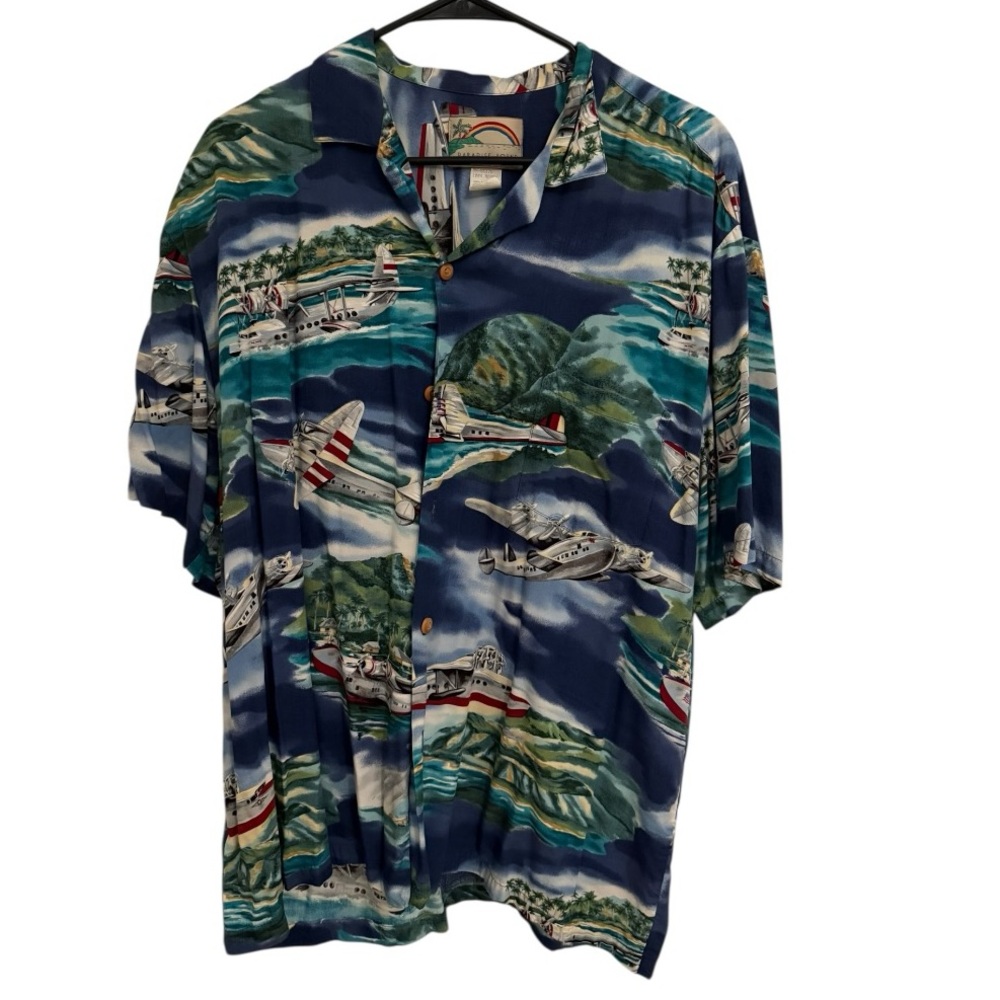 Paradise Found Vintage Hawaiian Shirt XL Rayon Honolulu Hawaii Airplane Aloha